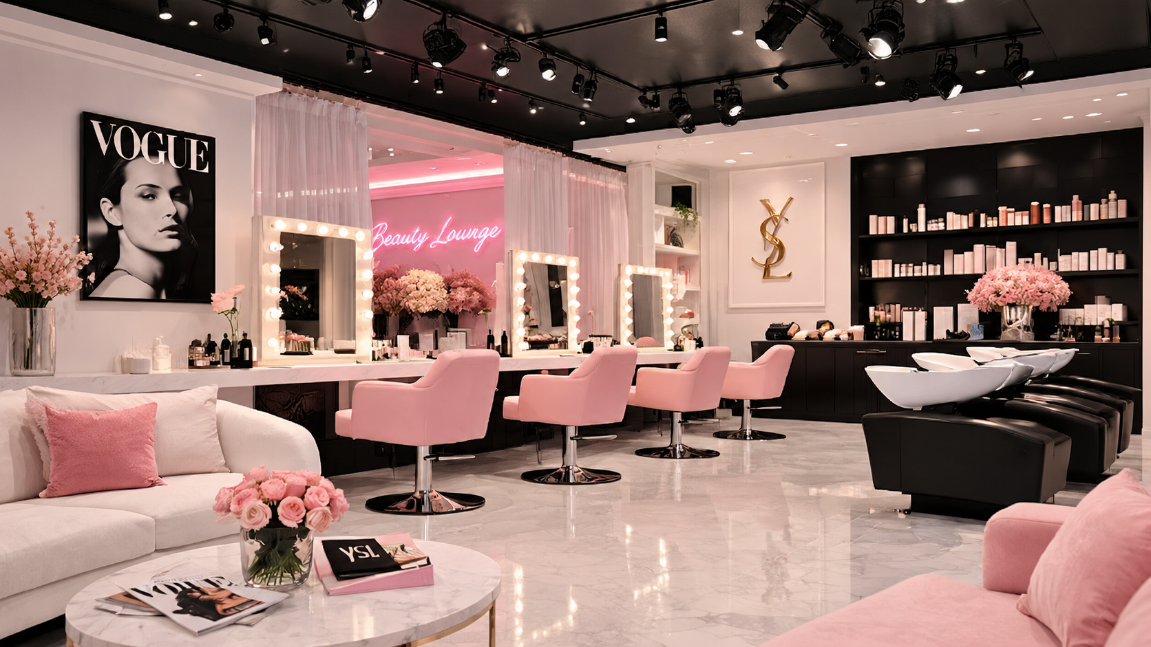 Luxury pink beauty lounge and wellness interior in Dubai
