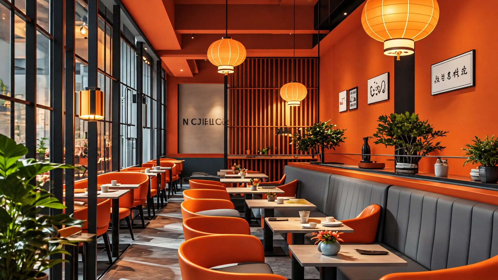 Warm orange modern café interior with ambient lighting in Dubai